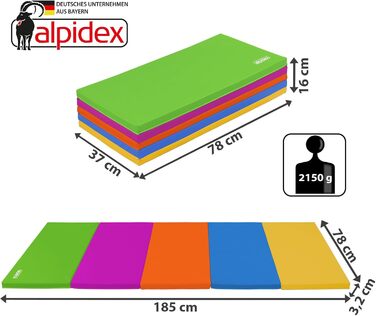 Гімнастичний килимок ALPIDEX Складний м'який килимок для підлоги 185 x 78 x 3,2 см Гімнастичний килимок Спортивний килимок для дому, дітей, дорослих (кольоровий)