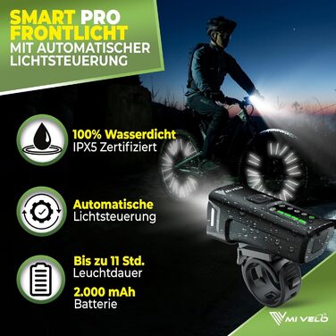 Набір велосипедних LED-ліхтарів MIVELO SMART ONE 100 люкс, акумулятор 2000 мА·год, авто-сенсор, USB зарядка, водонепроникний, передня і задня фара, з рефлекторами, сертифікат StVZO, енергоефективність A+++