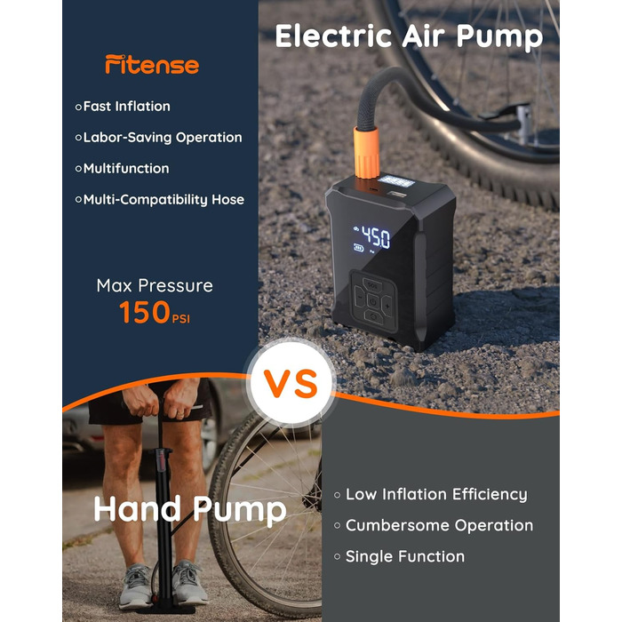 Електричний насос для велосипедів Fitense, 150 PSI, портативний, з цифровим манометром для шосейних, гірських, електровелосипедів та мотоциклів, підходить для вентилів Presta і Schrader
