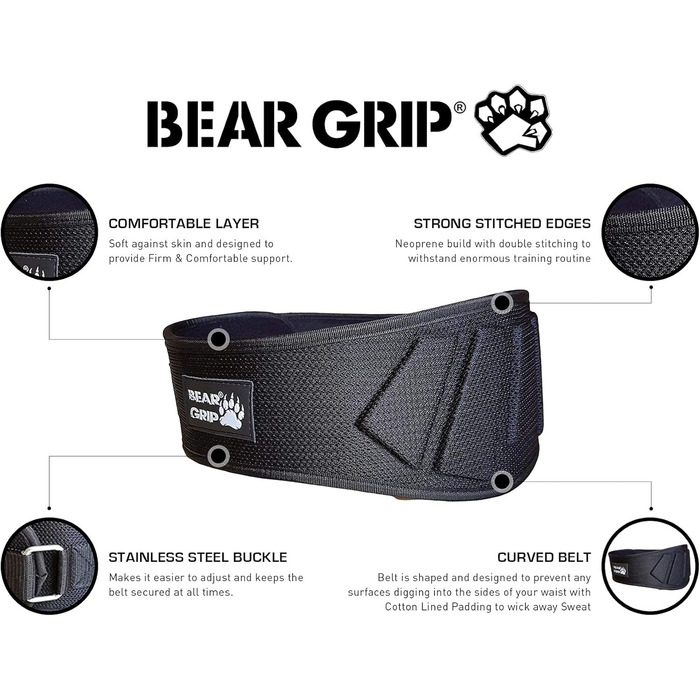 Пояс для важкої атлетики BEAR GRIP, неопрен, вигнутий, підтримка спини, підтримка попереку, фітнес, бодібілдинг, Black XL