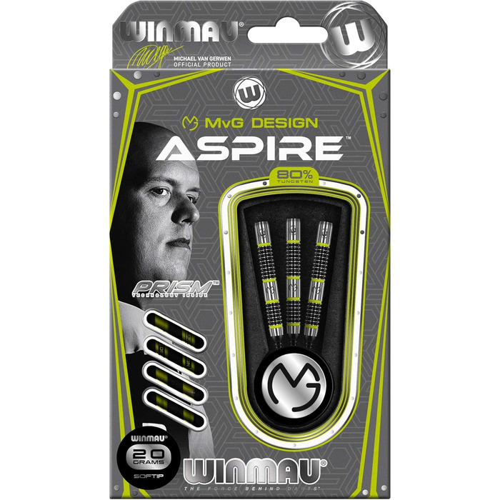 Набір стріл WINMAU MvG Aspire 20g вольфрам Softip Dart з польотами/валами