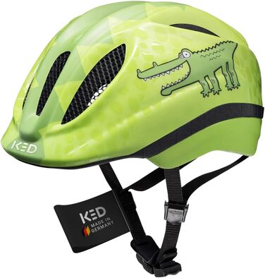 Дитячий велосипедний шолом KED Meggy II Trend 2024, зелений Croco, розмір S (46-51 см), з сіткою від комах, LED-ліхтарем і maxSHELL технологією