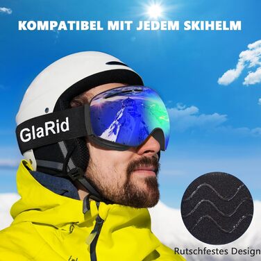 Гірськолижні окуляри GlaRid для чоловіків та жінок, OTG Ski Goggles Безкаркасні окуляри для сноуборду для тих, хто носить окуляри, Снігові насадки для дорослих Захист від запотівання 100 UV400 зелений