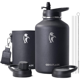 Пляшка для води Coolflask 2 л, нерж. сталь, шкіряний чохол, Polar Black