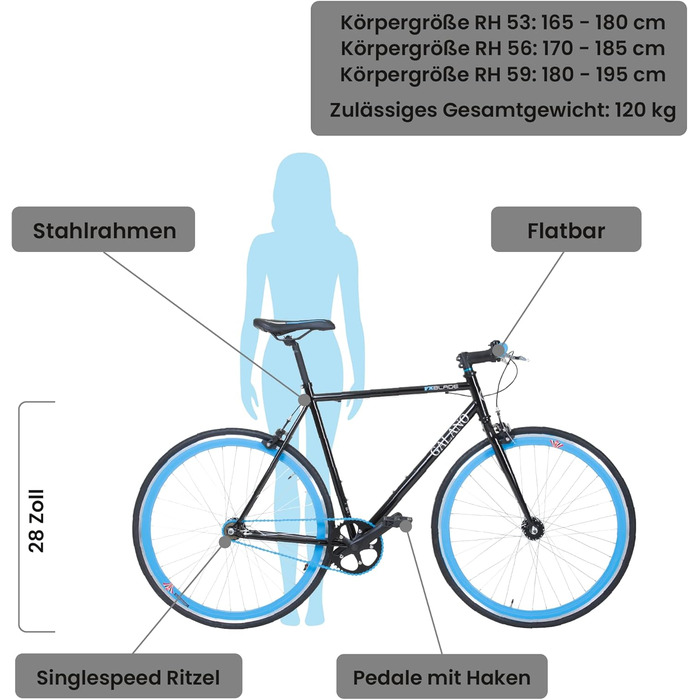 Велосипед-фіксик Galano Blade для жінок та чоловіків 165-195см одношвидкісний велосипед ретро 28 дюймів Міські велосипеди різних розмірів з перекидним шльопанцем Втулка Шосейний велосипед City (чорний/синій, 56 см)