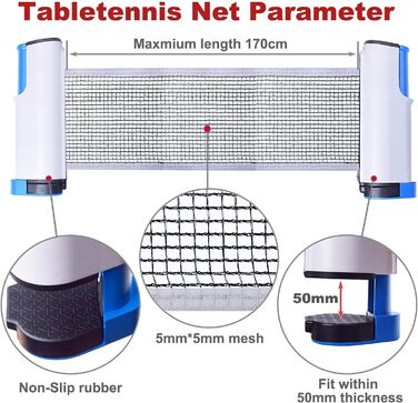 Сітки для настільного тенісу Sportout, регульована висувна сітка для пінг-понгу, змінна сітка, рухомий тримач для подорожей, ідеально підходить для всіх типів столів - 170 (макс.) x 19 см (синій)