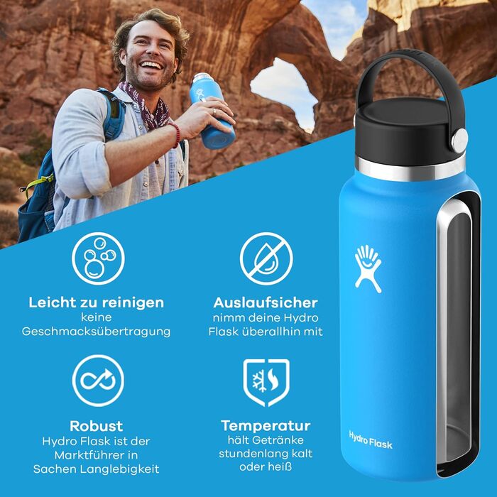 Термос пляшка HYDRO FLASK 946 мл – вакуумна спортивна пляшка з нержавіючої сталі з кришкою Flex Cap та ремінцем, широка горловина, рожевий, можна мити в посудомийці