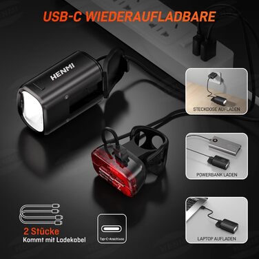 HENMI LED велосипедні фари комплект, USB зарядка, передня і задня фара для велосипеда, StVZO, водонепроникні IPX5