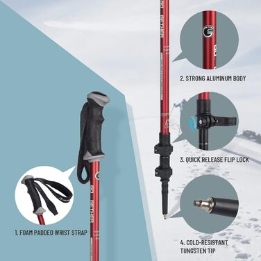 Трекінгові туристичні палиці Алюмінієві туристичні палиці з швидкорегульованими замками - Ручка для комфорту - М'який ремінь - Кошики для снігу прикріплені - підходять для піших прогулянок, прогулянок (червоні), 2 GO2GETHER
