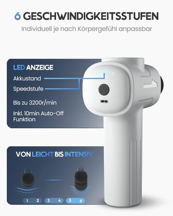 Масажний пістолет з 6 масажними головками та 3200 об/хв I Пістолет для масажу м'язів з портом USB-C I Масажер для м'язів, масажний пістолет, пістолет для масажу м'язів, м'язовий пістолет (білий)