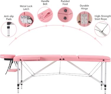 Масажний стіл YOUNIKE Складний 3-зонний масажний стіл шириною 60 см Регульований по висоті терапевтичний стіл Косметичний столик з алюмінієвими ніжками та сумкою для перенесення Тату-стіл, рожевий