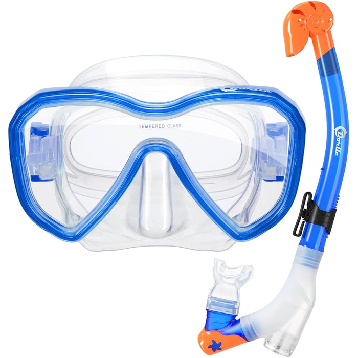 Набір для дайвінгу Dorlle Kids Snorkel Mask з 3-канальним сухим трубкою преміум-класу та окулярами для дайвінгу проти протікання Професійний набір трубок для дітей синій