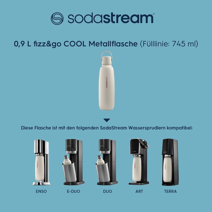 Термобутилка SodaStream Fizz&go COOL 0,9 л, металева, пісочна, сумісна з Duo/E-Duo/Terra, для газованої води, зберігає тепло/холод до 12 годин, без BPA, для посудомийної машини