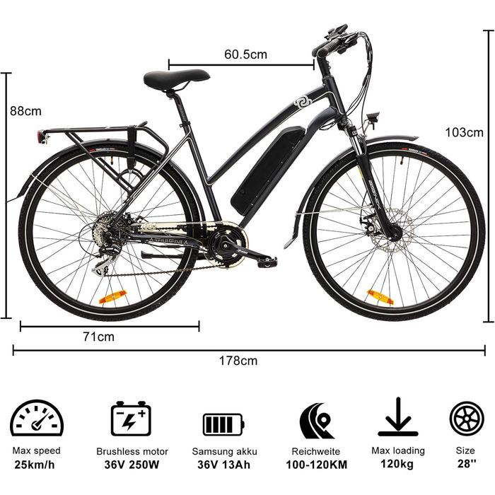 Велосипед VecoCraft Athena E-Bike 28', 36В, 250Вт, Shimano 8-шв., чорний