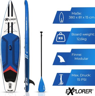 Дошка для веслування EXPLORER SUP Fusion Stand Up до 180 кг Повний комплект з алюмінієвим веслом, рюкзаком, насосом, плавником і набором патчів. (TOURER 12.6)