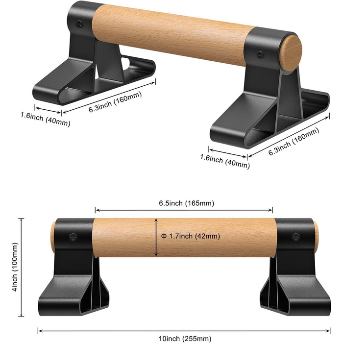 Ручки для віджимання SELEWARE з ергономічною дерев'яною ручкою та надміцною сталлю - нековзні бруси для віджимань Стійки для рук для силових тренувань та гімнастики Дерево - довжина 25,5 см