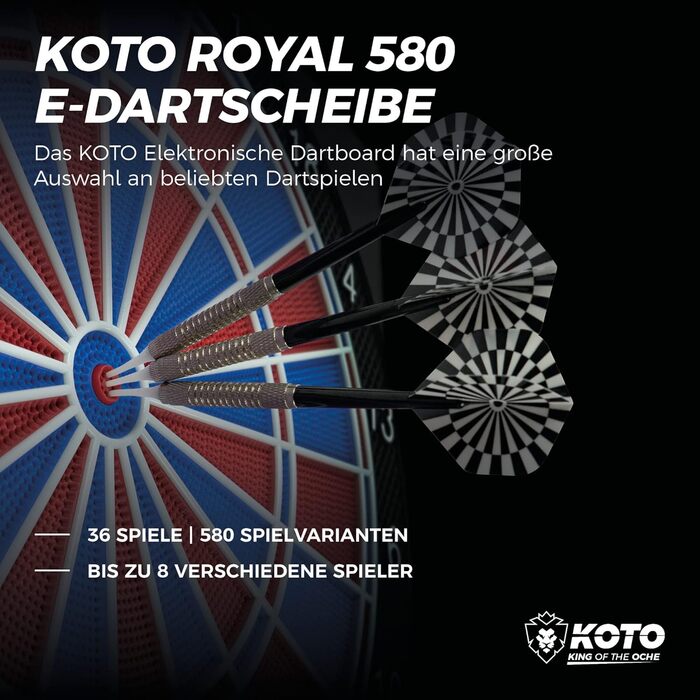 Електронна дартс-дошка KOTO Royal 580 з 6 м'якими дротиками, 36 ігор та 580+ варіацій, багатокористувацький електронний дартс