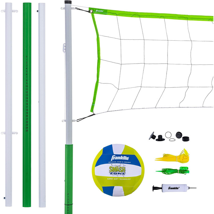 Спортивний волейбольний набір Franklin - Набір волейбольних сіток для пляжу та заднього двору - Портативна волейбольна сітка та набір м'ячів з брусами та наземними шипами - Середня, середня складність