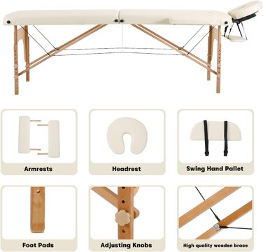 Зонний масажний стіл Panana Портативна масажна лава Регульований по висоті масажний стіл з підголівником і знімними дерев'яними підлокітниками (бежевий), 2-