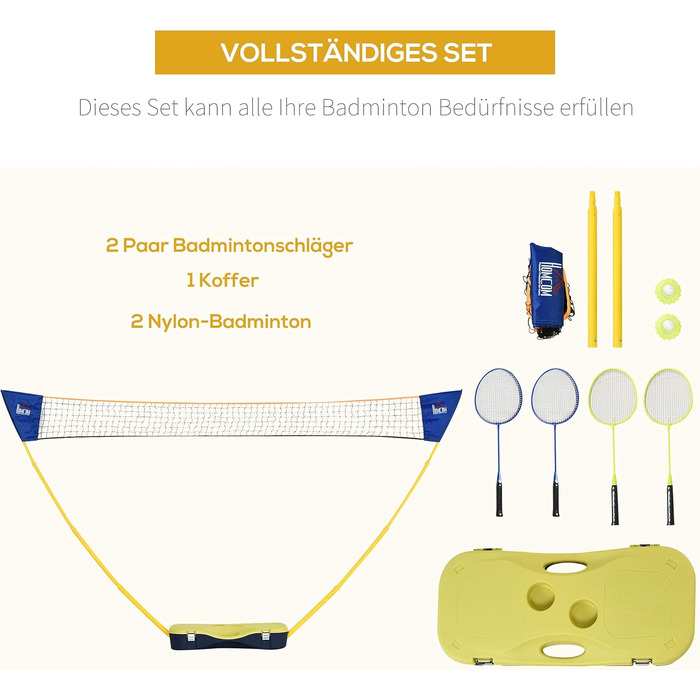 Сітка для бадмінтону HOMCOM з підставкою, Підставка для сітки для бадмінтону, Портативна сітка для бадмінтону, Сітка для бадмінтону з 4 ракетками, Спорт на відкритому повітрі, ЖовтийСиній, 286 x 33 x 157 см