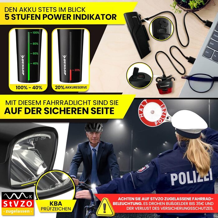 Комплект велосипедних ліхтарів Dunlop Sports — надяскравий LED з акумулятором, передня OSRAM лампа і заднє світло, StVZO, чорний