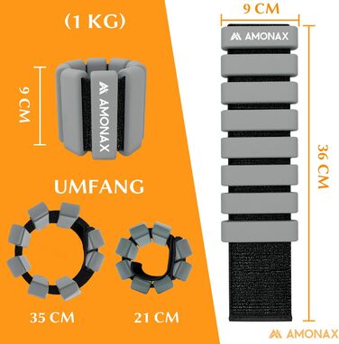 Комплект обважнювачів для щиколоток Amonax, фітнес-обважнювачі для ніг і рук, 2x0,5 кг/1 кг ваги для зап'ястя для жінок, чоловіки, обважнювачі для пілатесу, тренувальні ваги для ніг, для йоги, танців (сірий - 1 кг x 2)