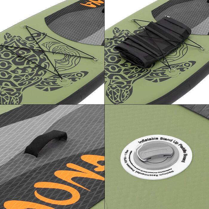 Надувна SUP-дошка ECD Germany Maona 308 см, PVC, алюмінієве весло, комплект, бірюзова/чорна/рожева/сіра/оливкова – для серфінгу, веслування, паддлборду