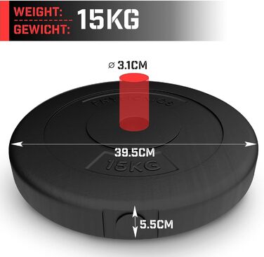 Фізіоніка Вагові пластини - Набір з 2 (2,5 кг / 5 кг / 10 кг / 15 кг), Ø 30 мм, пластик, чорний - Вагові пластини Набір ваг для гантелей/довгих гателів/гантелей (30 кг (2 х 15 кг))