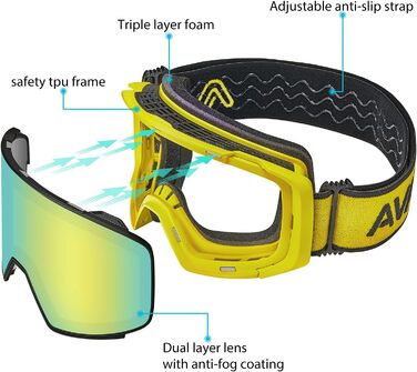 Гірськолижні окуляри AVAWAY Жіночі окуляри для сноуборду Чоловіча циліндрична дзеркальна магнітна система зміни OTG Ультрафіолетовий захист Лінза проти запотівання (A1 Golden Lens VLT 13)
