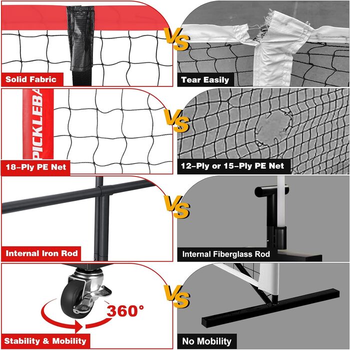 Портативна сітка для піклболу Fostoy з колесами, звичайний розмір 6,9 м і половина корту 3,9 м, 18-шарові поліетиленові сітки, міцний металевий каркас для стійкої до погодних умов гри на задньому дворі, під'їзних доріжках і гаражах чорний/червоний