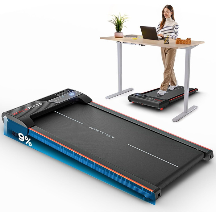 Бігова доріжка Sportstech Walking Pad до 6 км/год, ручний нахил 9%, дистанційне та додаткова керування, LCD-дисплей, крокомір, компактна, на колесах, до 120 кг