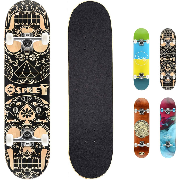 Скейтборд Osprey Absolute Beginner Double Kick Trick, 78,7 x 20,3 см Maple Deck One Size Candy Skull