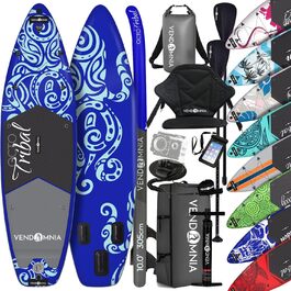 Набір SUP Board Set 305x76x15 надувний, сидіння для байдарки, кріплення для кулачків, повітряний насос, сумка для перенесення, рюкзак, сухий мішок, лінія ніг, кишеня для мобільного телефону, телескопічне весло, весло, весло, веслування, дошка для веслування, дошка для серфінгу, 170 кг (модель 14 - Octo Tribal Blue)