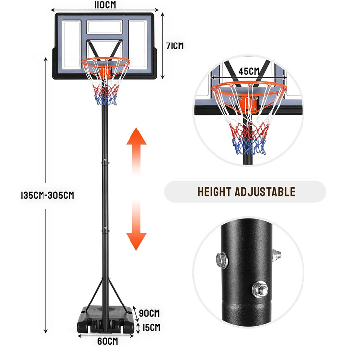 Баскетбольне кільце вуличне, регульоване 135-305 см, для будь-якого віку"