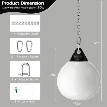 Водна боксерська груша KOMFOTTEU, боксерська боксерська груша, тренувальна мішок водонаповнювана 50 кг, боксерська груша Keeper Bag з водяним шлангом, металевим ланцюгом і карабіном, спеціальною боксерською грушею для дорослої молоді (біла)