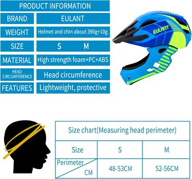 Велосипедний шолом EULANT із захистом підборіддя Молодь, діти Шолом для повного обличчя Шоломи BMX для хлопчиків Шолом для швидкісного спуску Дівчата MTB Шолом на все обличчя Con Зняття однією кнопкою Захист підборіддя та регулятор задньої частини, Blue M