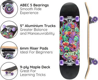 Скейтборд Osprey Absolute Beginner Double Kick Trick, 78,7 x 20,3 см, Maple Deck Piranha