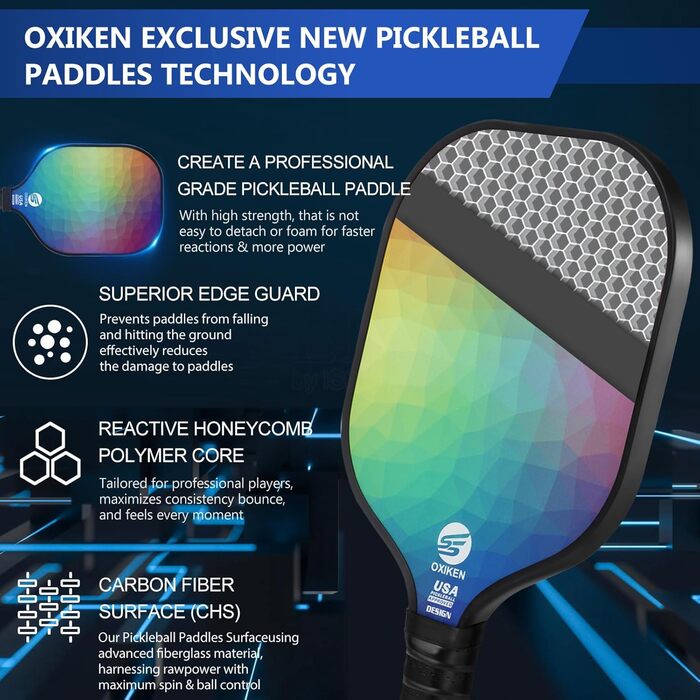 Набір ракеток для піклболу OXIKEN, 2 шт, вуглецеве волокно, USAPA, поліпропіленовий сердечник, нековзка ручка, 2 м'ячі для гри на вулиці