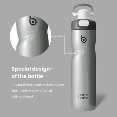 Термос-пляшка BOTTLE BOTTLE 680 мл з ручкою, нержавіюча сталь, сірий, ізоляційна, кнопковий клапан, не протікає, для спорту, подорожей, велосипеда, бігу, туризму