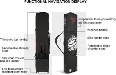 Сумка для сноуборду JHKGY з колесами, Дорожня сумка для сноуборду, Одинарна/подвійна сумка для сноуборду для подорожей аеропортом, Водонепроникна сумка для скутера, Сумка для роликових лиж для унісекс чорна D 1523618 см