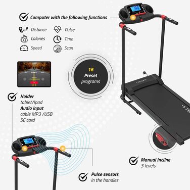 Бігова доріжка 2.5 к.с., 3 нахили, 16 програм, LCD, Bluetooth, MP3