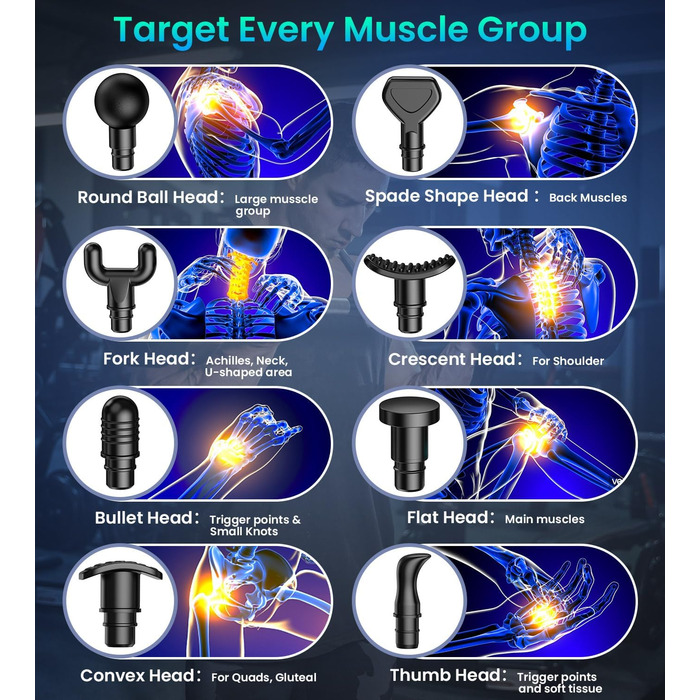 Масажний пістолет, масажний пістолет 2600 мАг з 8 масажними головками та 30 швидкостями, масажний пістолет для глибокого масажу Масажер знімає біль і біль для шиї, спини, ніг, плечей (чорний)