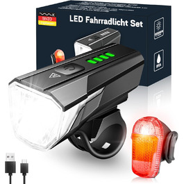 LED набір велосипедних фар 100 LUX, StVZO, USB заряджання, водонепроникний IPX4, передня та задня фара з індикатором заряду