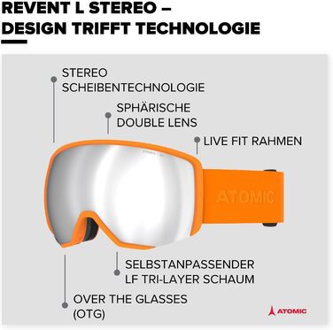 Гірськолижні окуляри ATOMIC REVENT L STEREO - Гірськолижні окуляри з антивідблиском - Високоякісні дзеркальні окуляри для сноуборду - Окуляри з оправою Live Fit - Гірськолижні окуляри з подвійною лінзою (помаранчеві)