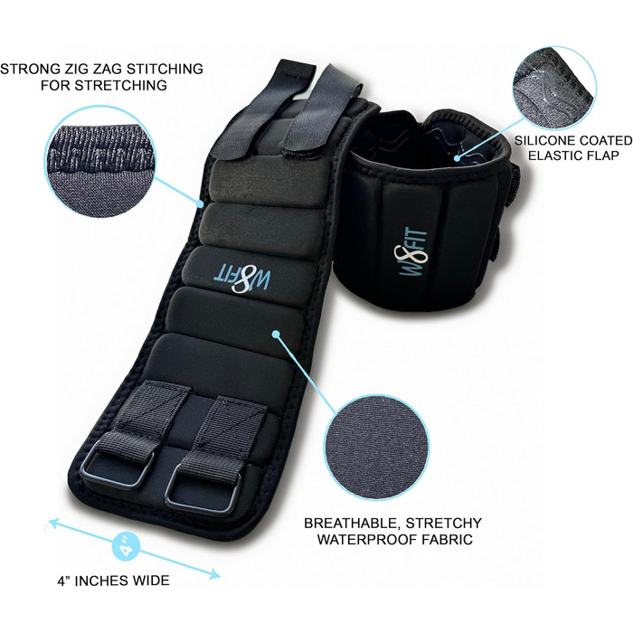 W8FIT Регульовані обважнювачі для ніг і щиколоток, знімні вантажі, 1,8 кг, чорні, розмір M (22,9-30,5 см), 2 шт, прані