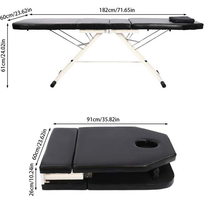 Розкладний масажний стіл Mermajestic Ліжко 3 зони Складаний косметичний стіл ПВХ Масажний стіл Трискладне косметичне ліжко Портативний розкладний масажний стіл Ліжко Стіл для косметичної терапії Лавки (чорні) Масажний стіл Стіл