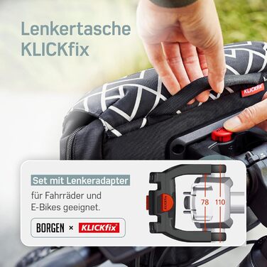 Велосипедна сумка Borgen KLICKfix на кермо, водовідштовхувальна, 5 л, чорна з рефлектором, з адаптером