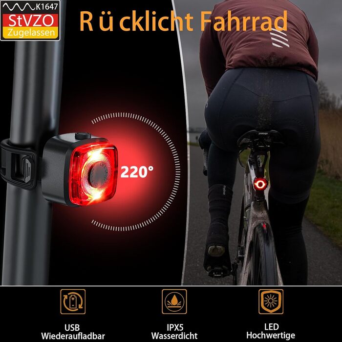 Комплект велосипедних фар 100 люкс LED StVZO, передня і задня фара, USB заряджання, водонепроникність IPX5