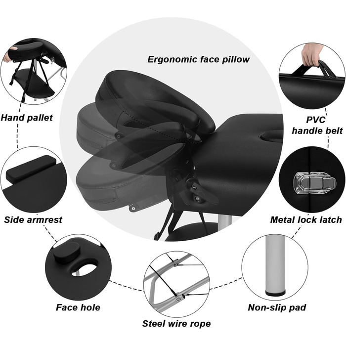 Мобільний масажний стіл 3 зони, масажний стіл складний регульований по висоті, портативна масажна лава, косметичний столик, виготовлений з алюмінію, з підлокітниками підлокітник для рук сумка для перенесення, чорна