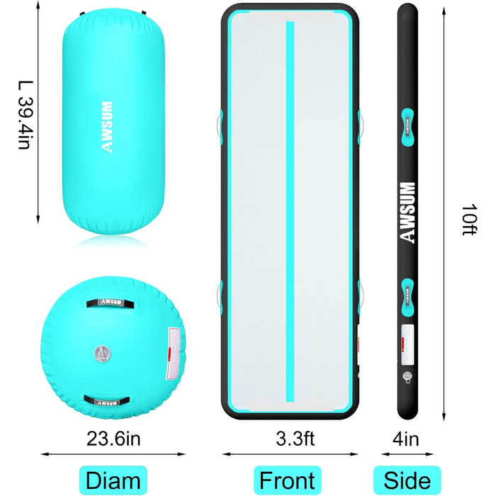 З килимком для відстеження повітря Надувні килимки для перекидання Гімнастичний килимок висотою 10 см Повітряний трекінговий килимок з насосом для дому, на вулиці (м'ятний зелений чорний, 300x100x10 & 100x60 см)